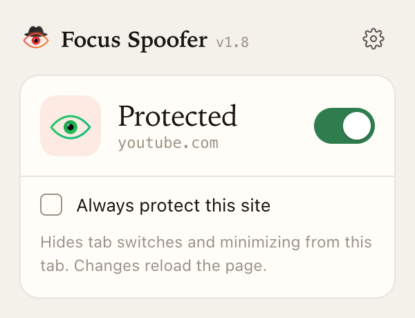 The Focus Spoofer popup showing Protected for youtube.com with the switch on