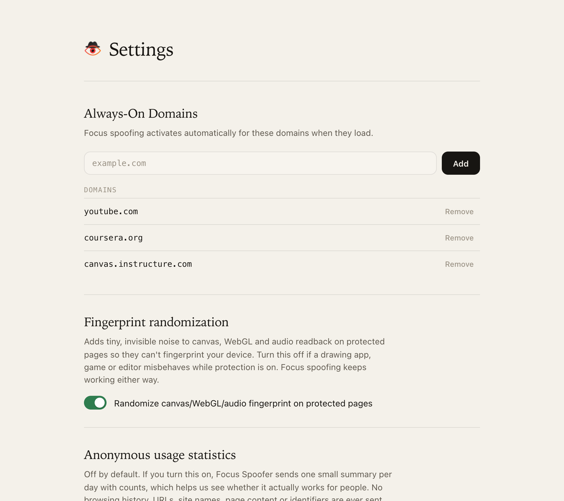 The settings page with always-on sites, fingerprint randomization and anonymous usage statistics